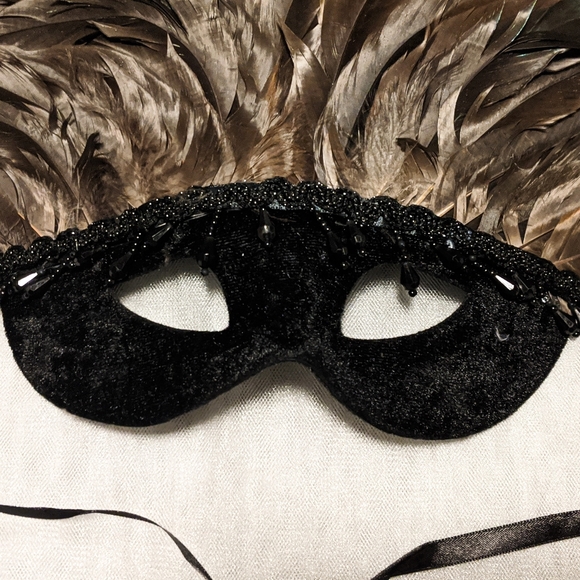 Black Velvet & Chocolate Brown Mask with Feathers - Picture 3 of 6